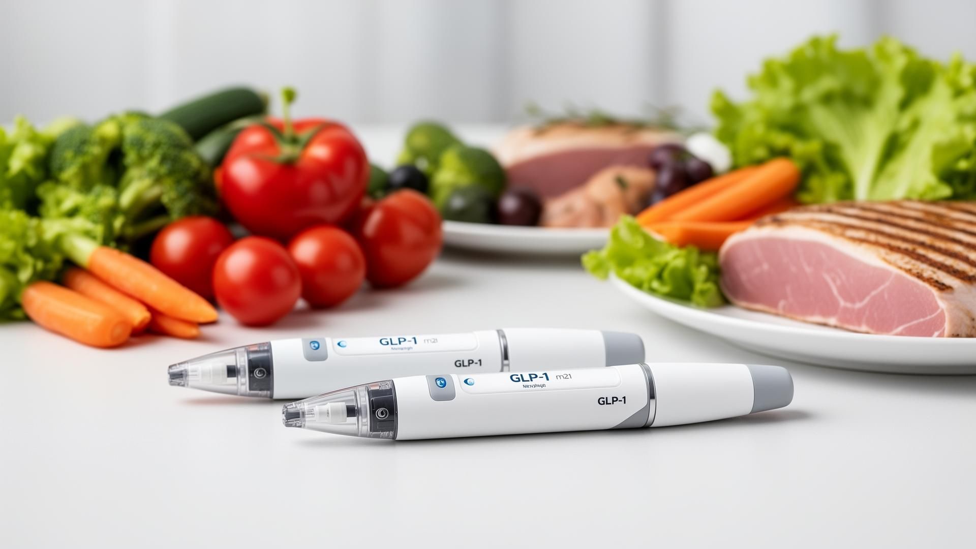 GLP-1 medication injectable pens with healthy food including vegetables and lean protein in background