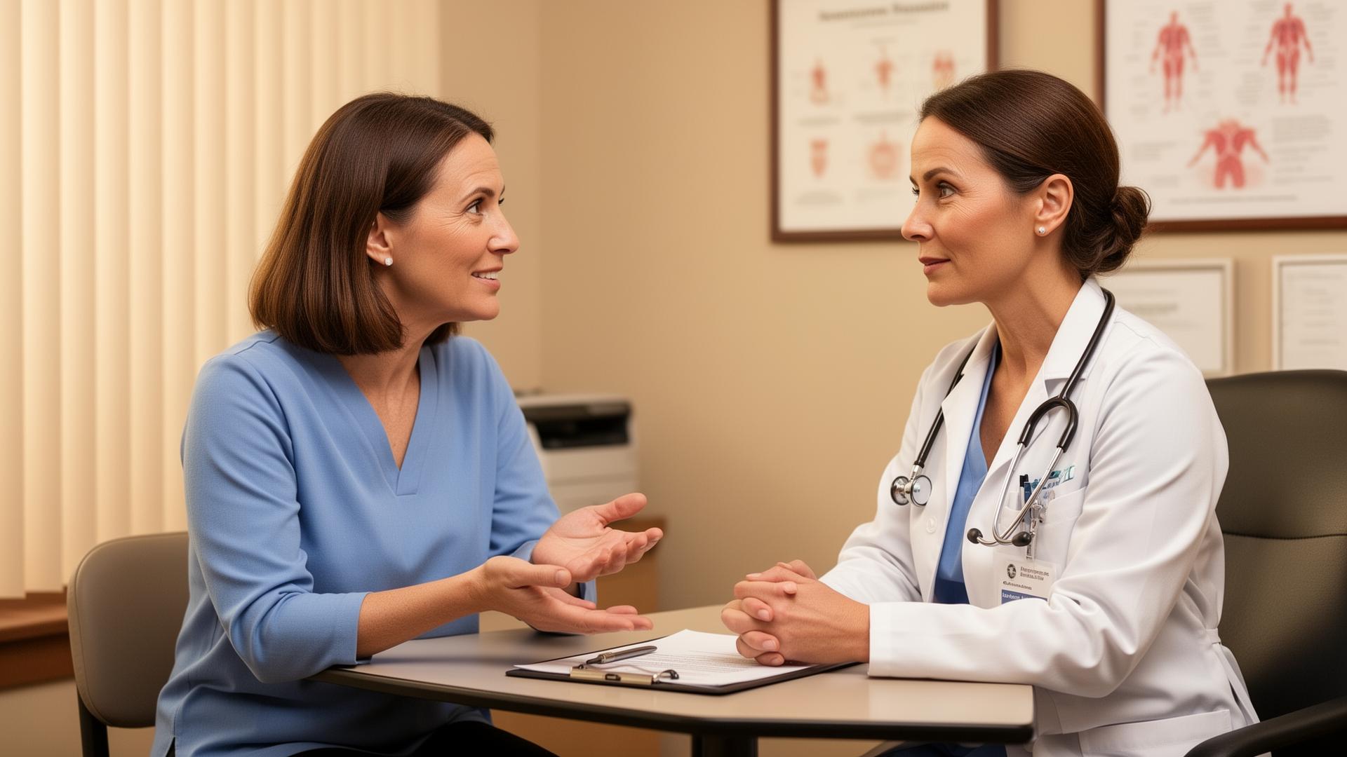 Woman in her 40s having a consultation with an endocrinologist about hormone replacement therapy