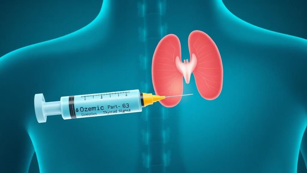 Ozempic medication pen with thyroid gland illustration - understanding GLP-1 effects on thyroid health