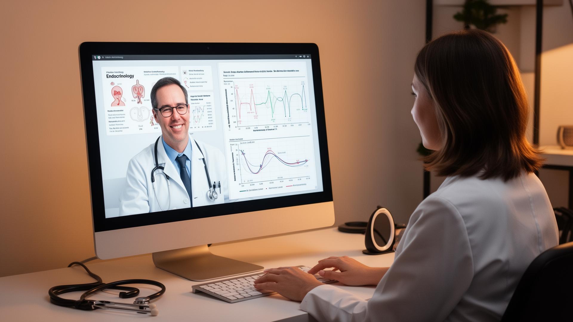 Patient having a telehealth consultation with an endocrinologist on computer screen with hormone charts visible