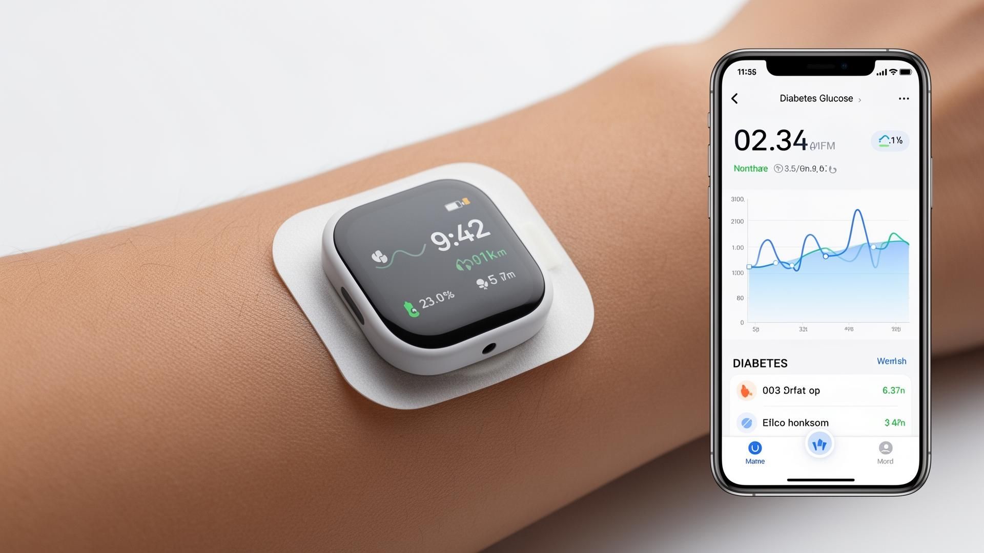 Wearable continuous glucose monitor sensor on arm with smartphone displaying diabetes glucose data